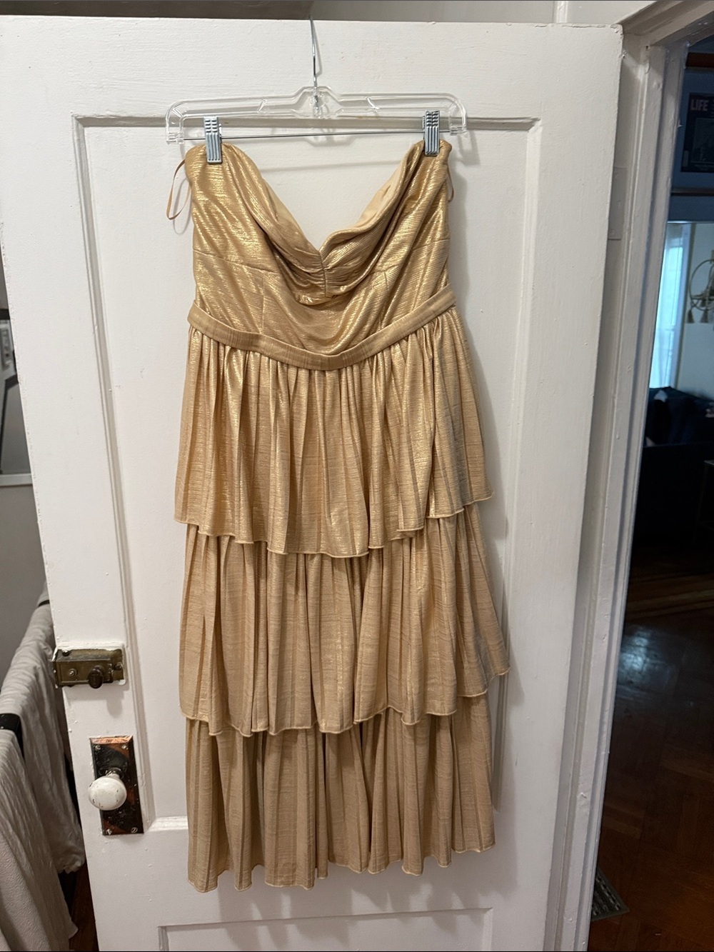 Little Mistress Gold Strapless Tiered Ruffle Midi Dress